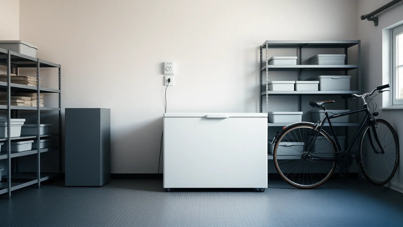 Witte vrieskist in een nette garage, aangesloten op een stopcontact, met stellingkasten en een fiets ernaast