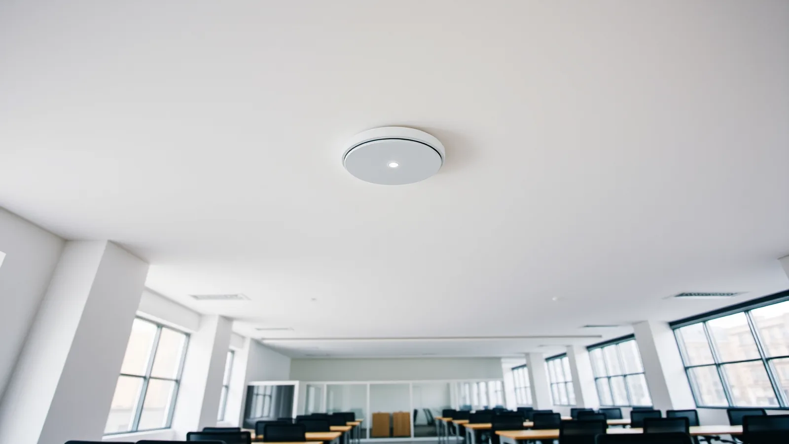 Rond wit access point midden op het plafond van een licht kantoor met rijen bureaus en grote ramen