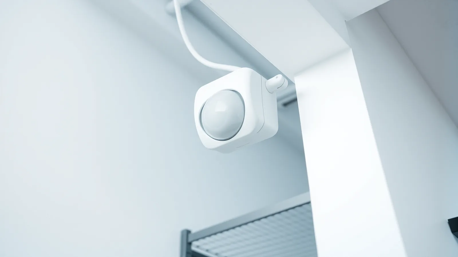 Witte bewegingsmelder met bolle lens hoog in de hoek van een opslagruimte, aangesloten met een kabel
