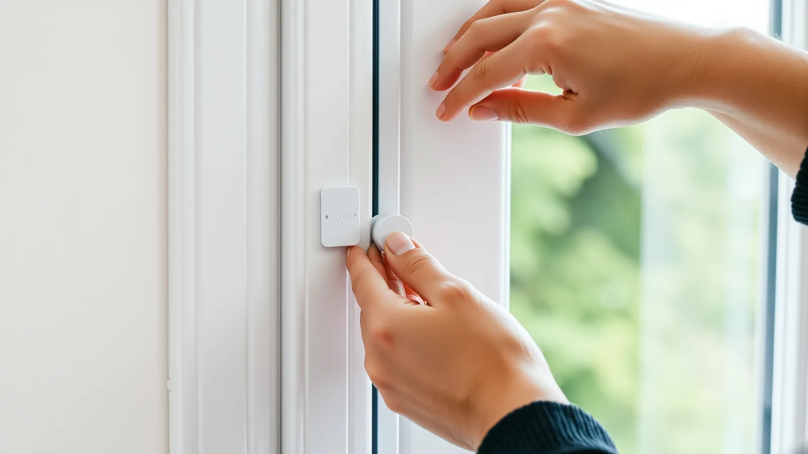 Handen bevestigen een wit magneetcontact en de bijbehorende magneet op een kunststof raamkozijn