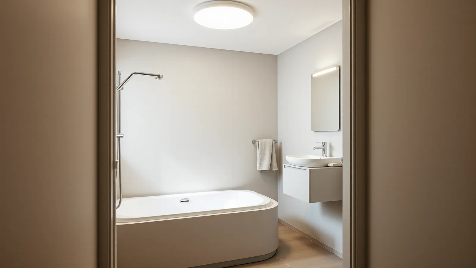Doorkijk in een badkamer met bad en douche, een plafondlamp in het midden en een verlichte spiegel boven de wastafel