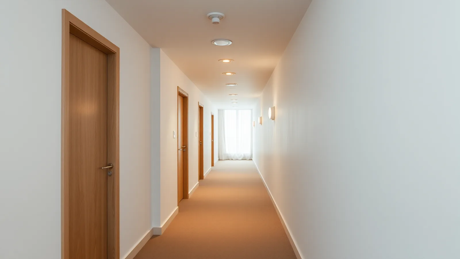 Lange gang in een hotel met kamerdeuren aan weerszijden en melders aan het plafond