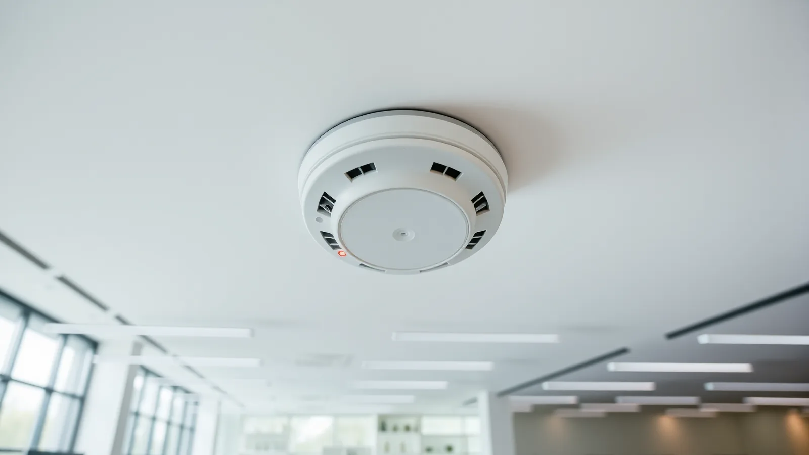Witte rookmelder van een brandmeldinstallatie aan het plafond van een modern kantoor met LED-verlichting