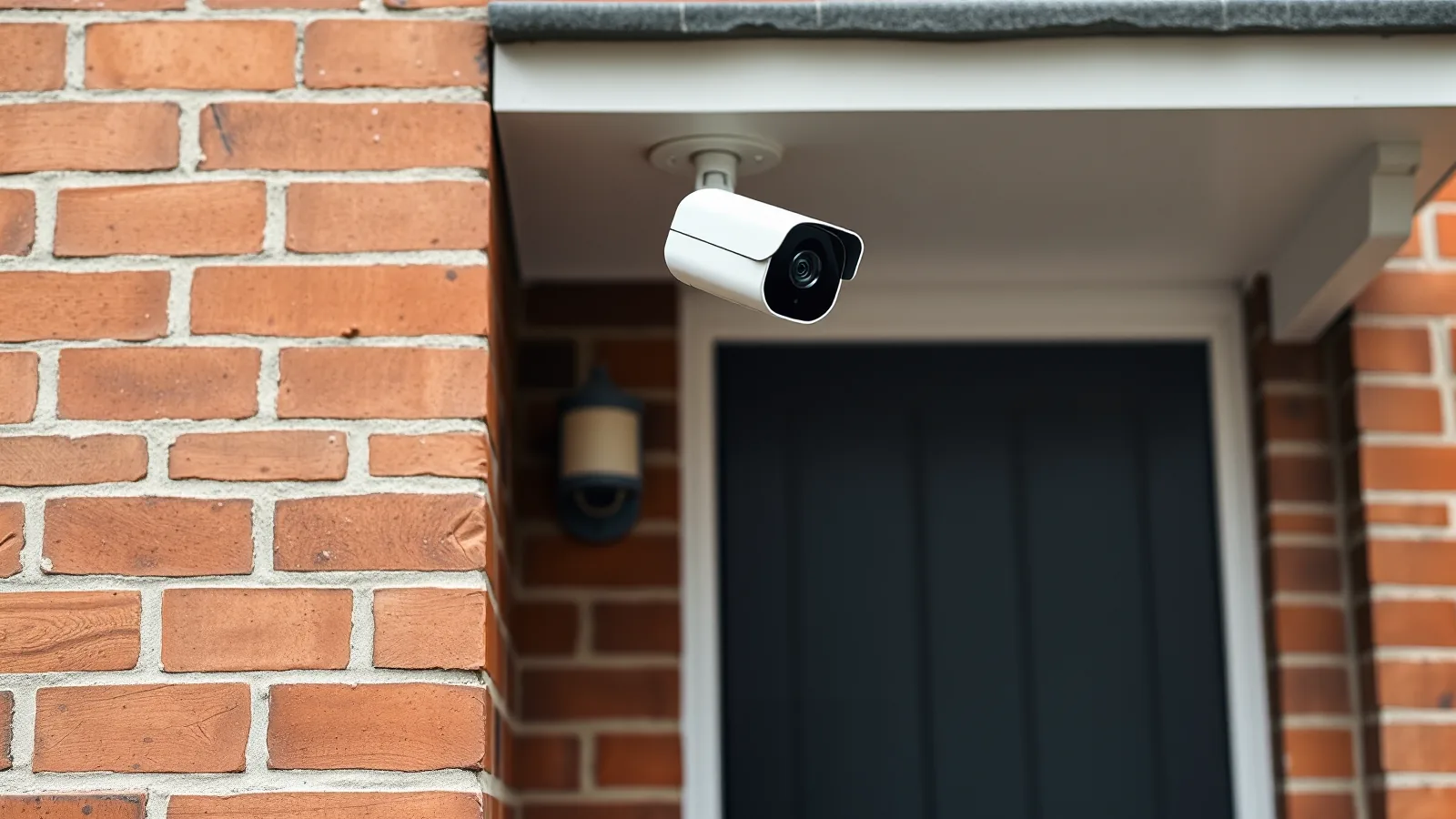 Witte buitencamera onder het afdak boven de voordeur van een bakstenen woning