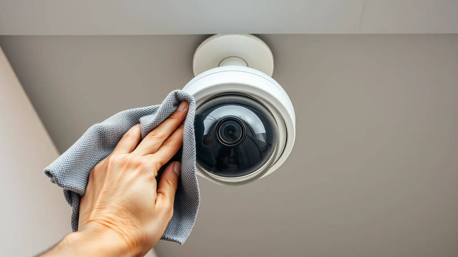 Hand die met een microvezeldoek de glazen koepel van een buitencamera schoonmaakt