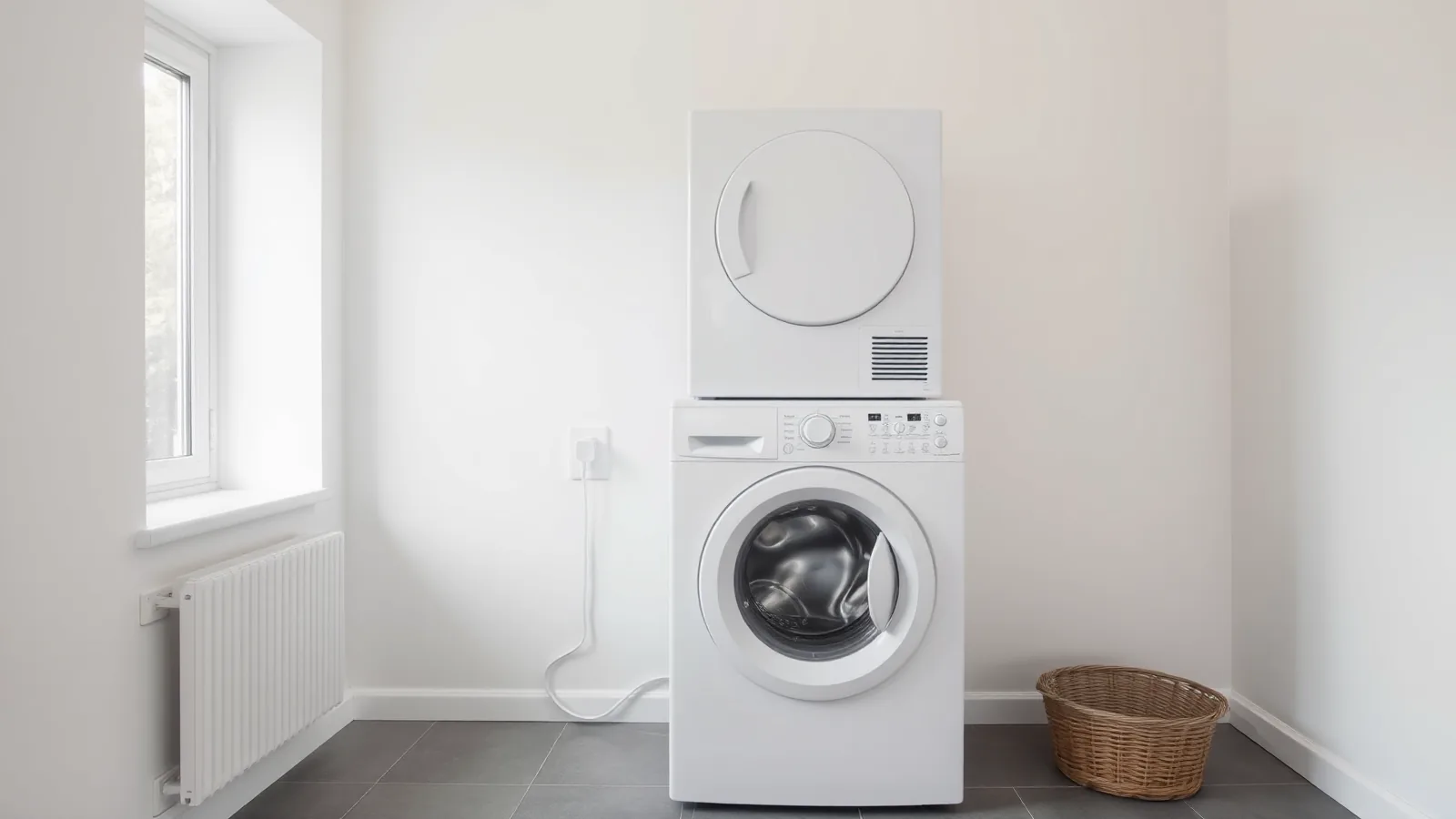 Wasmachine met droger erop in een lichte bijkeuken, met het snoer naar een wandcontactdoos ernaast