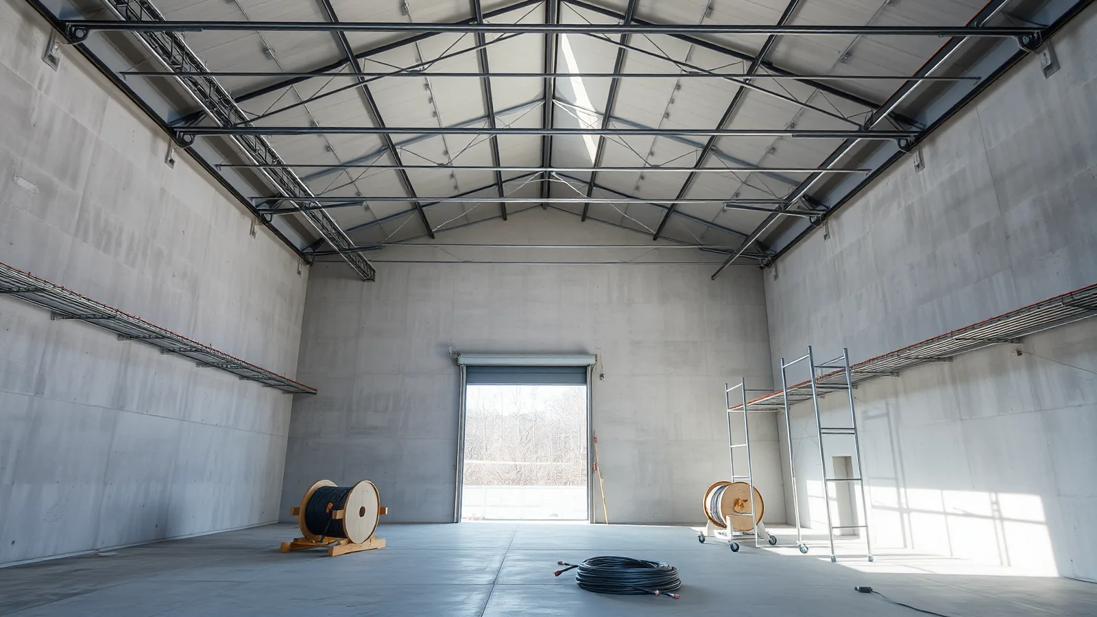 Bedrijfspand in aanbouw met lege kabelgoten langs de wanden, kabelhaspels op de betonvloer en een rolsteiger