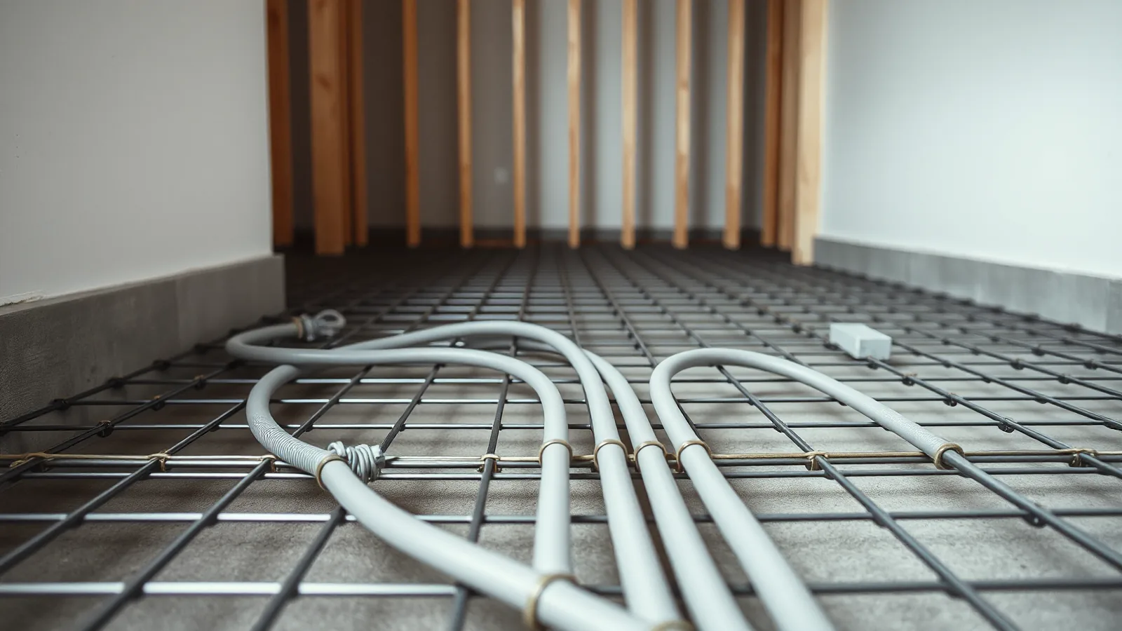 Grijze installatiebuizen vastgebonden op de wapening van een vloer in aanbouw, voordat het beton wordt gestort