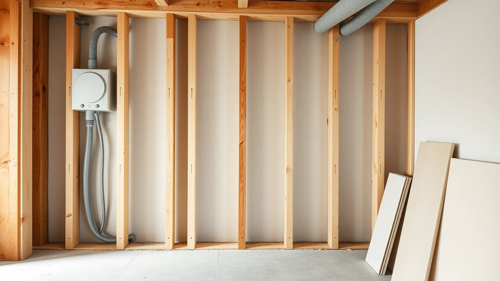 Open houten regelwerk tijdens een verbouwing met grijze installatiebuizen naar een doos en gipsplaten tegen de wand