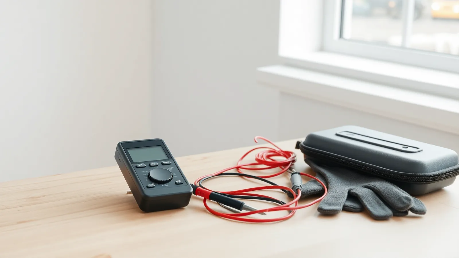 Installatietester met rode en zwarte meetsnoeren, handschoenen en een opbergetui op een houten werkbank