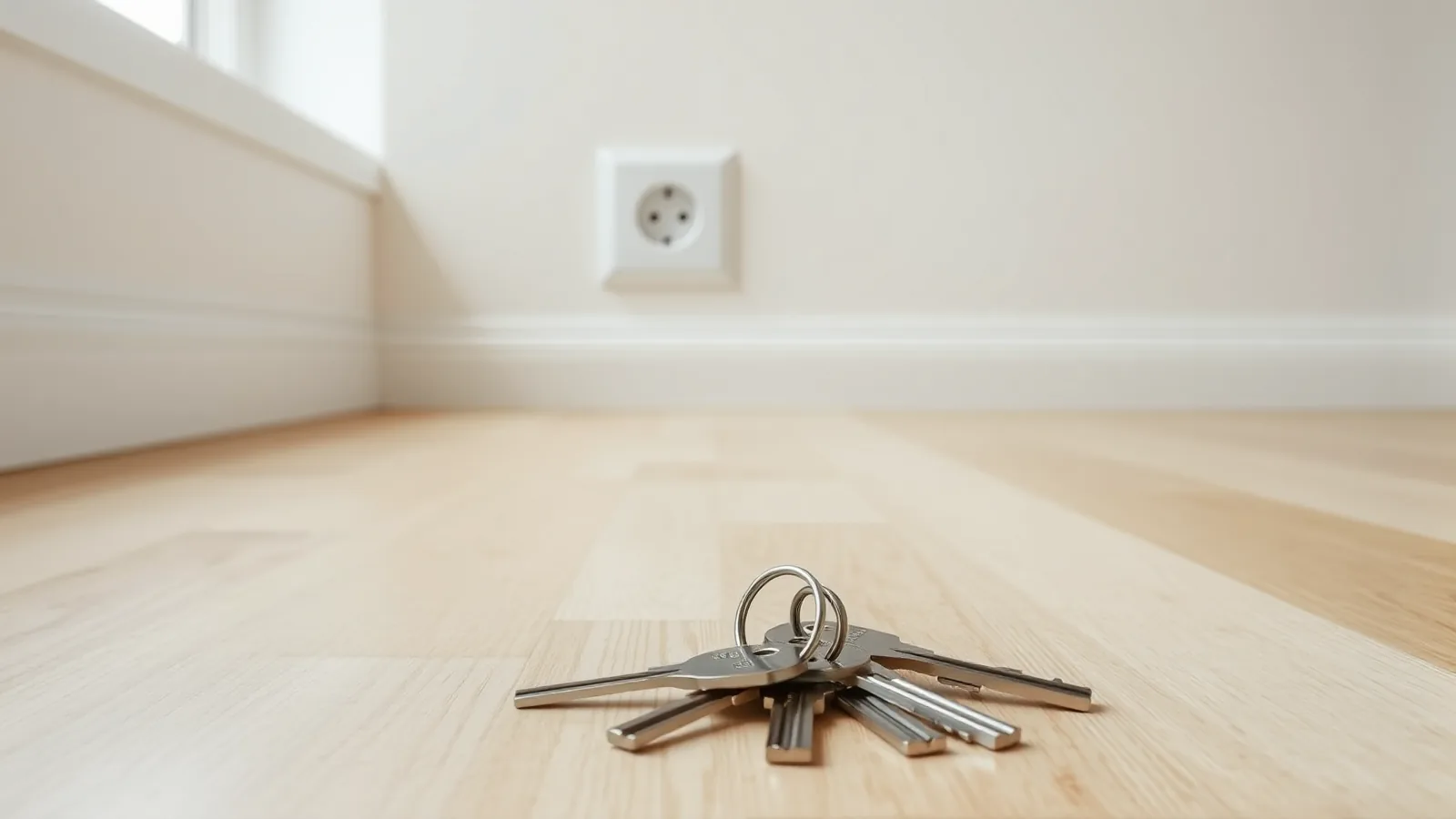 Nieuwe huissleutels op de houten vloer van een net opgeleverde kamer, met een nieuw stopcontact boven de plint