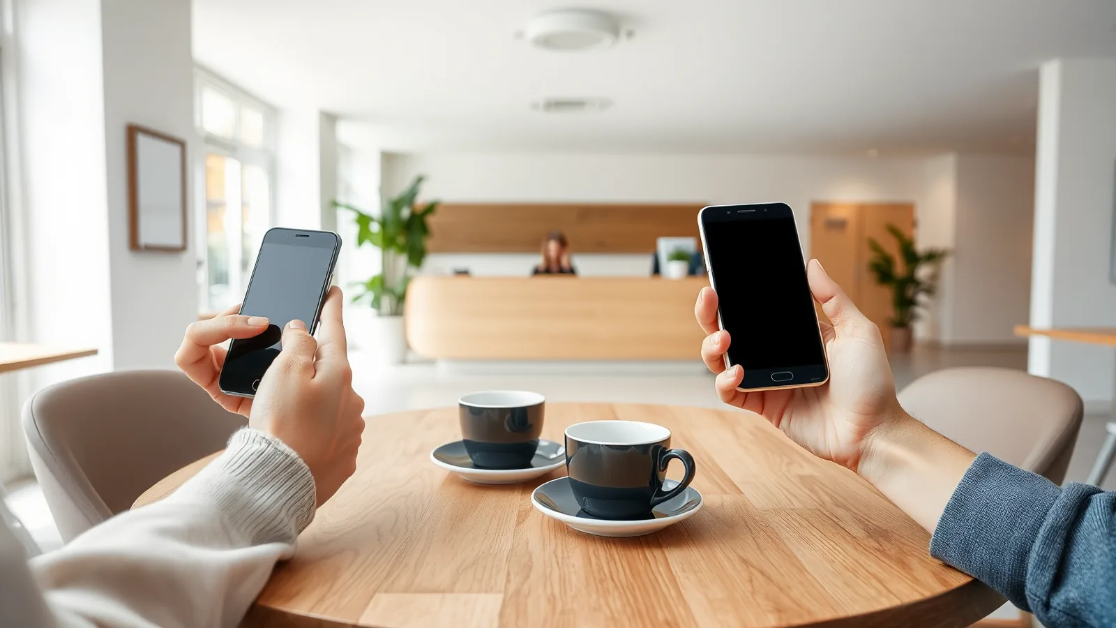 Handen van twee gasten met smartphones en koffie aan een ronde tafel in een lichte receptie, met een access point aan het plafond