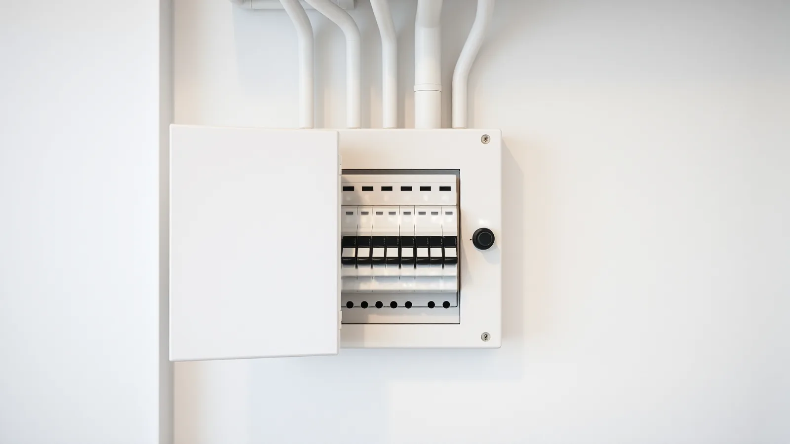 Witte opbouwgroepenkast met geopende deur en een rij installatieautomaten, kabels in witte buizen van boven