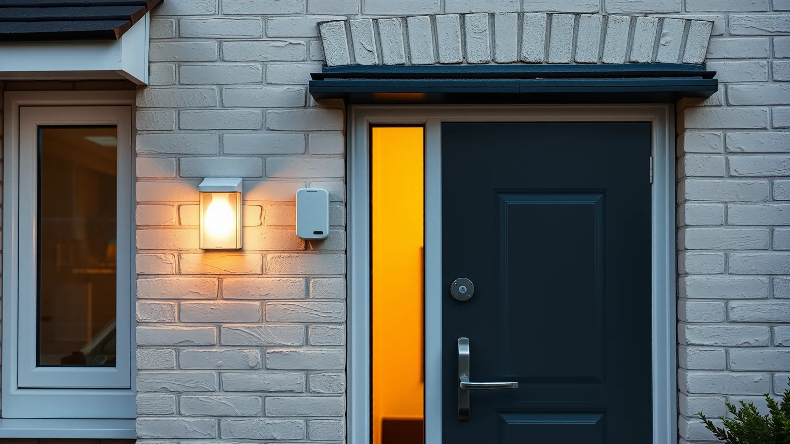 Voordeur in de avond met brandende buitenlamp, een kleine witte sensor op de gevel en stevig deurbeslag met extra slot