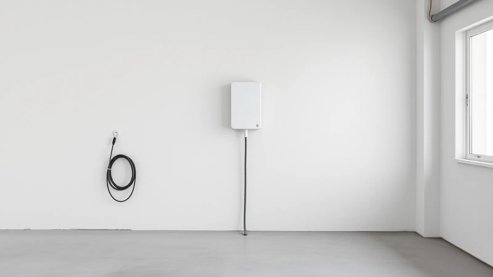 Witte laadpaal aan een garagemuur met een kabel naar de vloer, ernaast een opgerolde laadkabel aan een haak