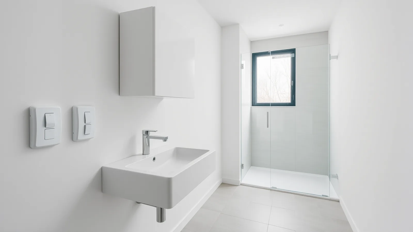 Nieuwe badkamer met hangende wastafel, twee opbouwschakelaars en een inloopdouche met glazen wand