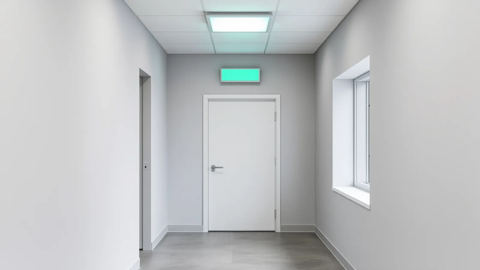 Groen oplichtend vluchtwegbord boven een deur aan het einde van een lichte kantoorgang