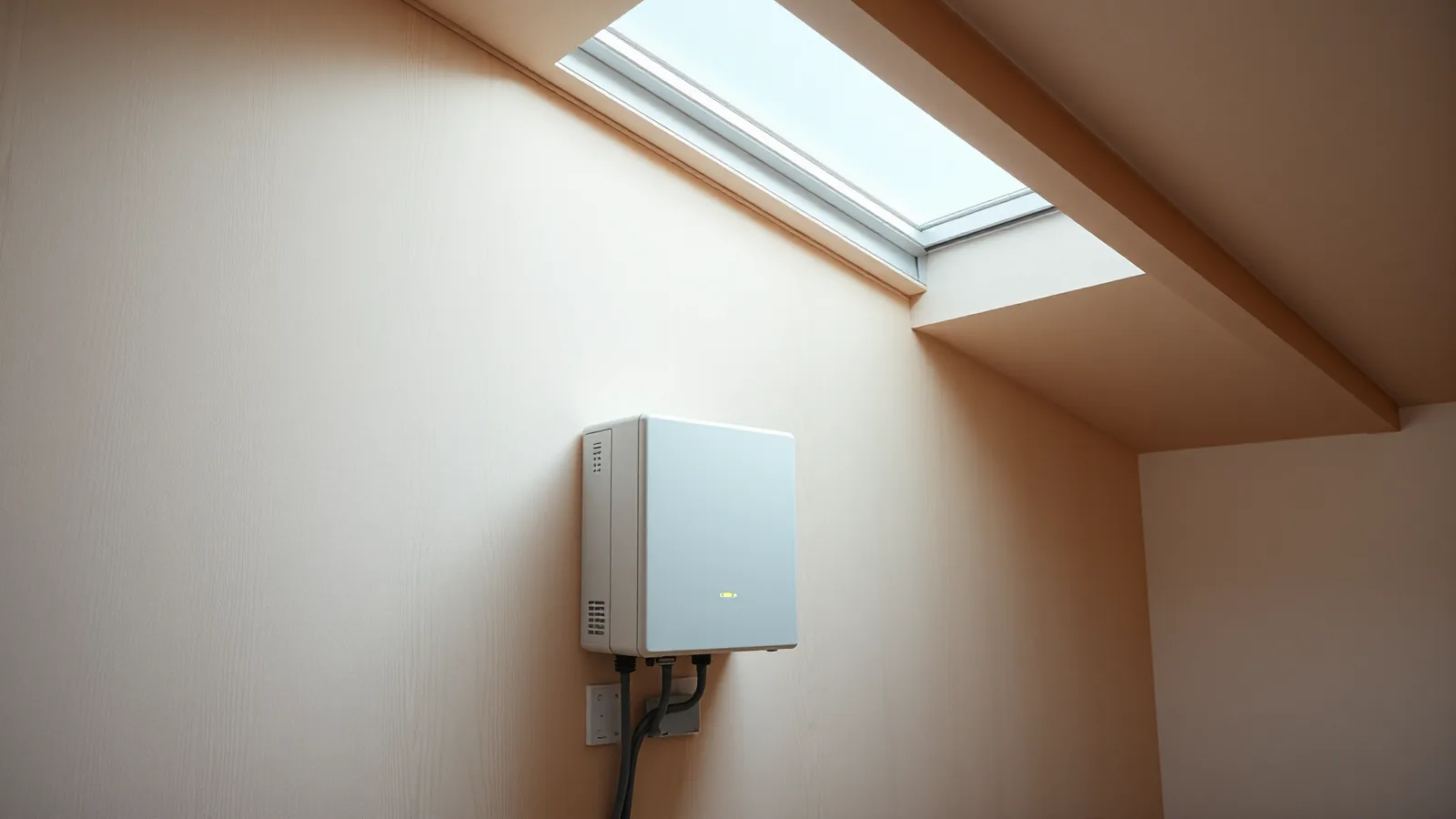 Witte omvormer aan een zoldermuur onder een schuin dak, met daglicht dat door een dakraam naar binnen valt