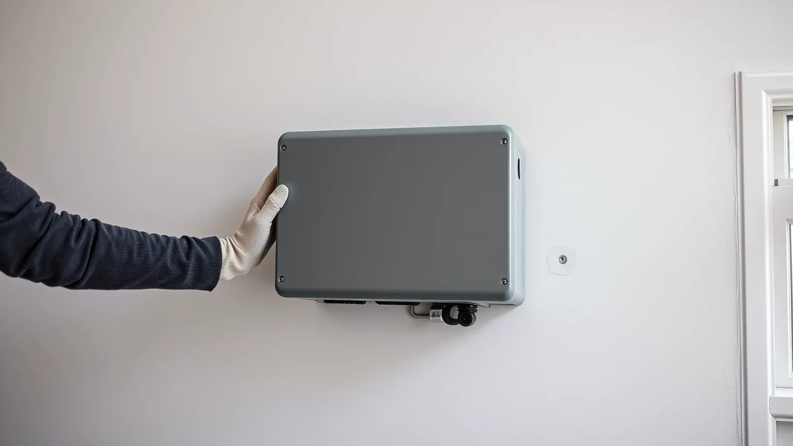 Hand in een werkhandschoen die een nieuwe grijze omvormer aan de wand bevestigt