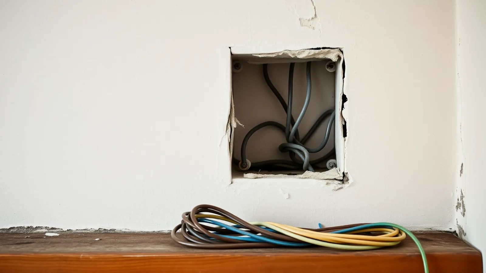 Opengebroken inbouwdoos in een oude muur met grijze oude draden, daaronder een bundel nieuwe draad in bruin, blauw en geel-groen