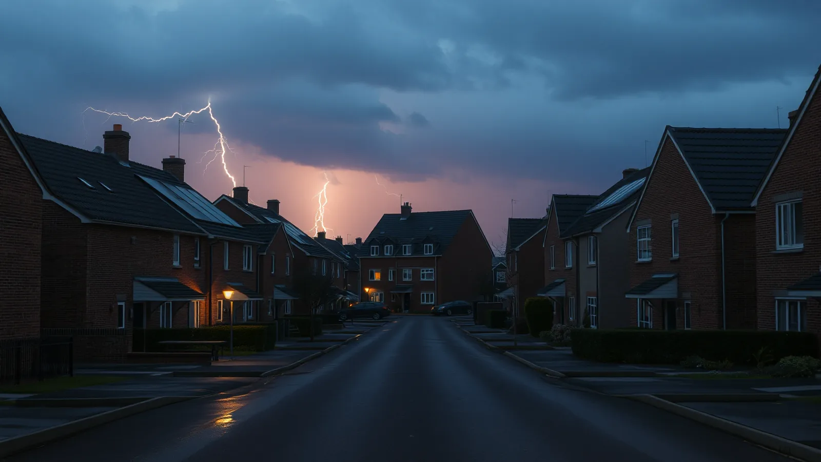 Onweer met bliksem in de verte boven een rustige woonwijk met rijtjeshuizen en zonnepanelen