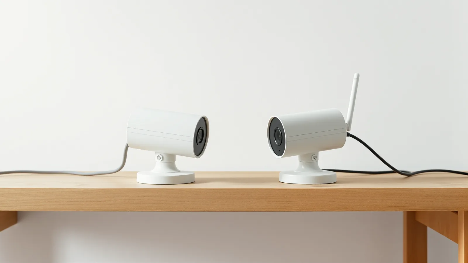 Twee witte camera's naast elkaar: links met een netwerkkabel, rechts met een antenne en een voedingssnoer