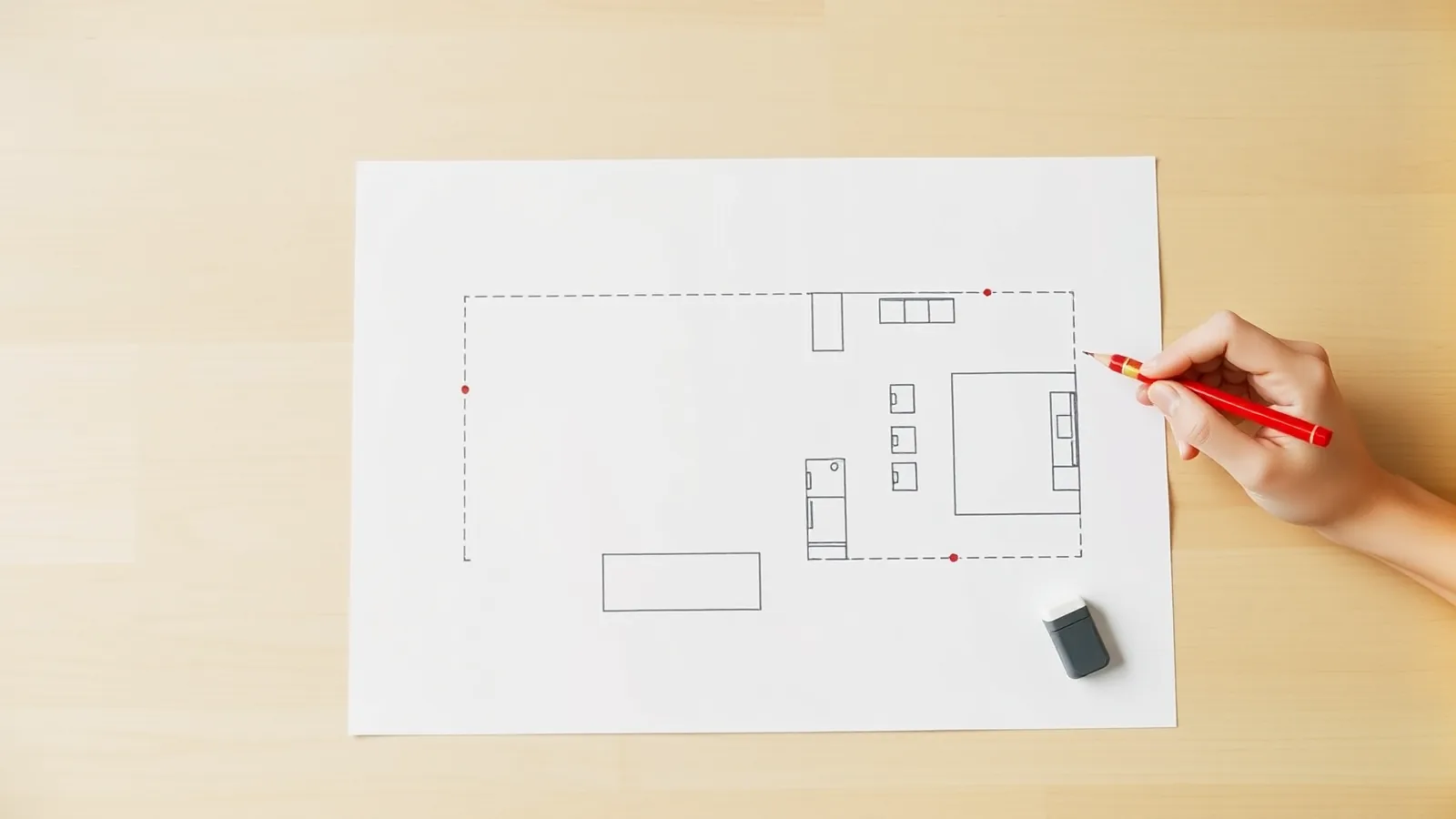 Handgetekende plattegrond op een houten tafel; een hand zet met rood potlood stippen voor stopcontacten langs de wanden