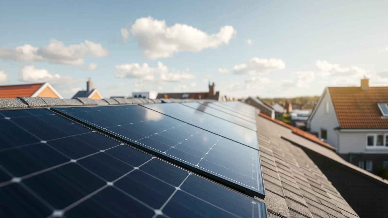 Rij zwarte zonnepanelen op een grijs pannendak, met daken uit de buurt en blauwe lucht op de achtergrond