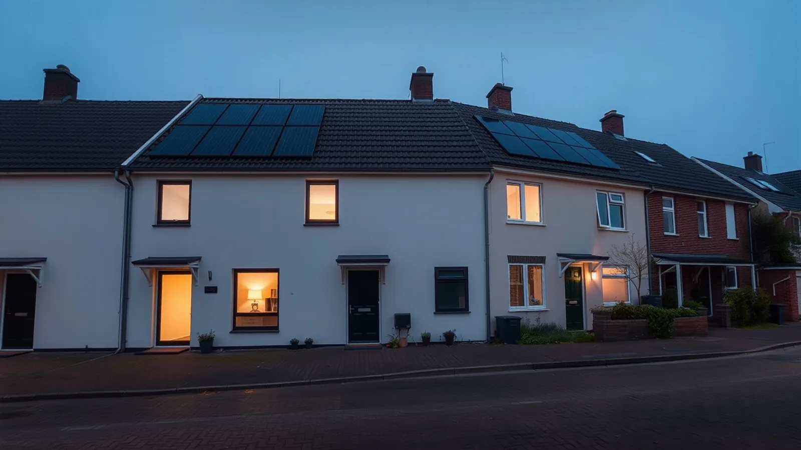 Rijtjeshuizen in de avondschemering met warm licht achter de ramen en zwarte zonnepanelen op de daken