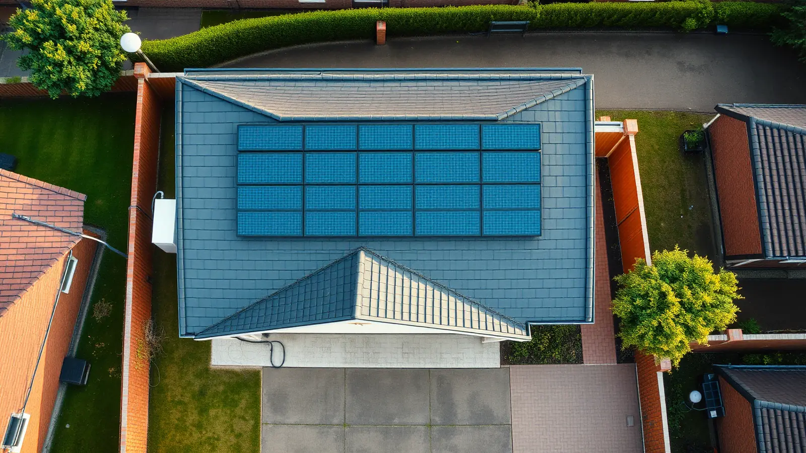 Luchtbeeld van een woning met zonnepanelen op het dak en een witte buitenunit aan de zijgevel, tussen tuinen en oprit