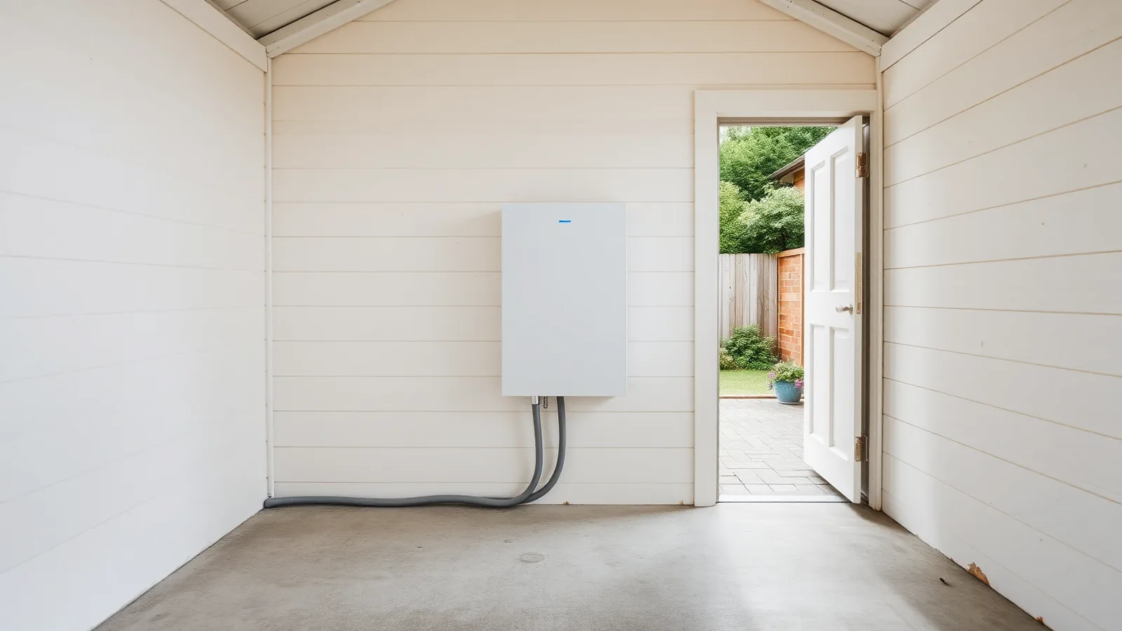 Witte thuisbatterij aan de achterwand van een tuinschuur, met grijze kabelbuizen en een open deur naar de tuin