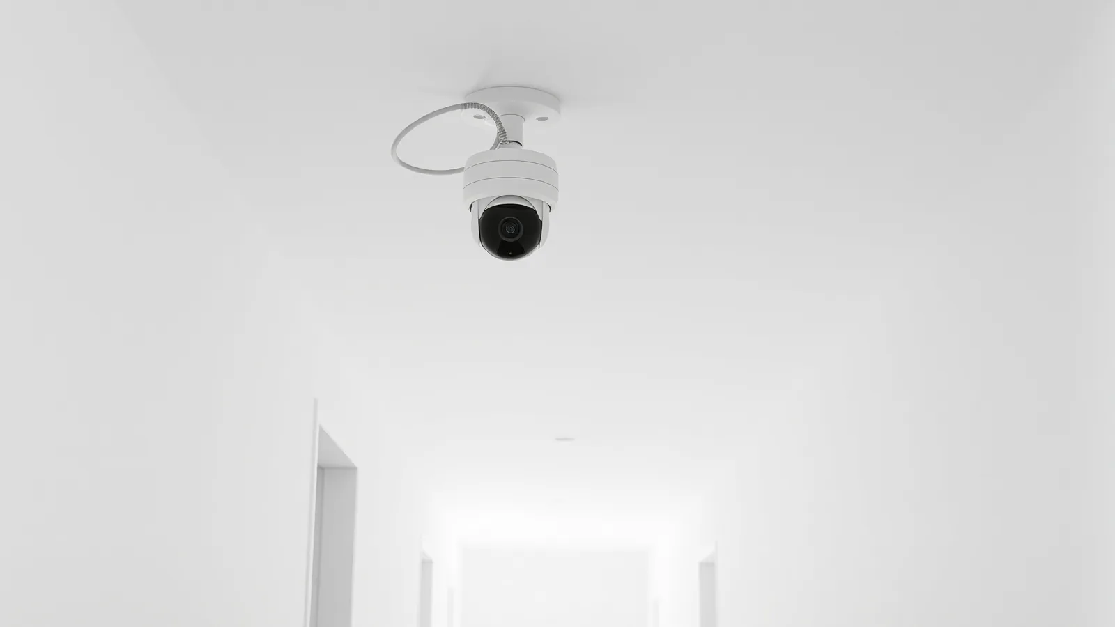 Witte dome-camera aan het plafond van een lichte gang, aangesloten met één dunne netwerkkabel zonder adapter