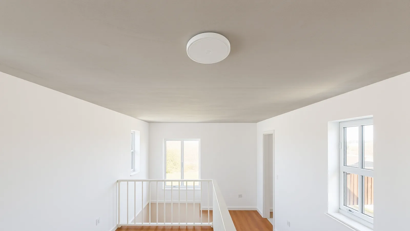 Overloop in een nieuwbouwwoning met een grijs betonnen plafond, een rond wit access point en ramen