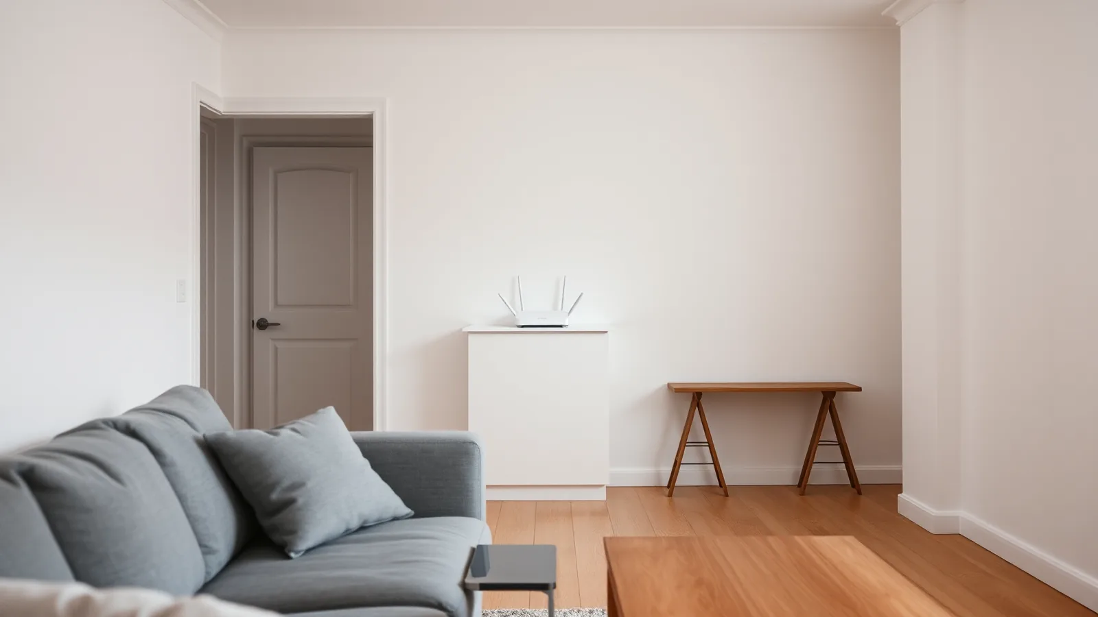 Lichte woonkamer met grijze bank; achter in de kamer staat een witte router met antennes op een wit kastje