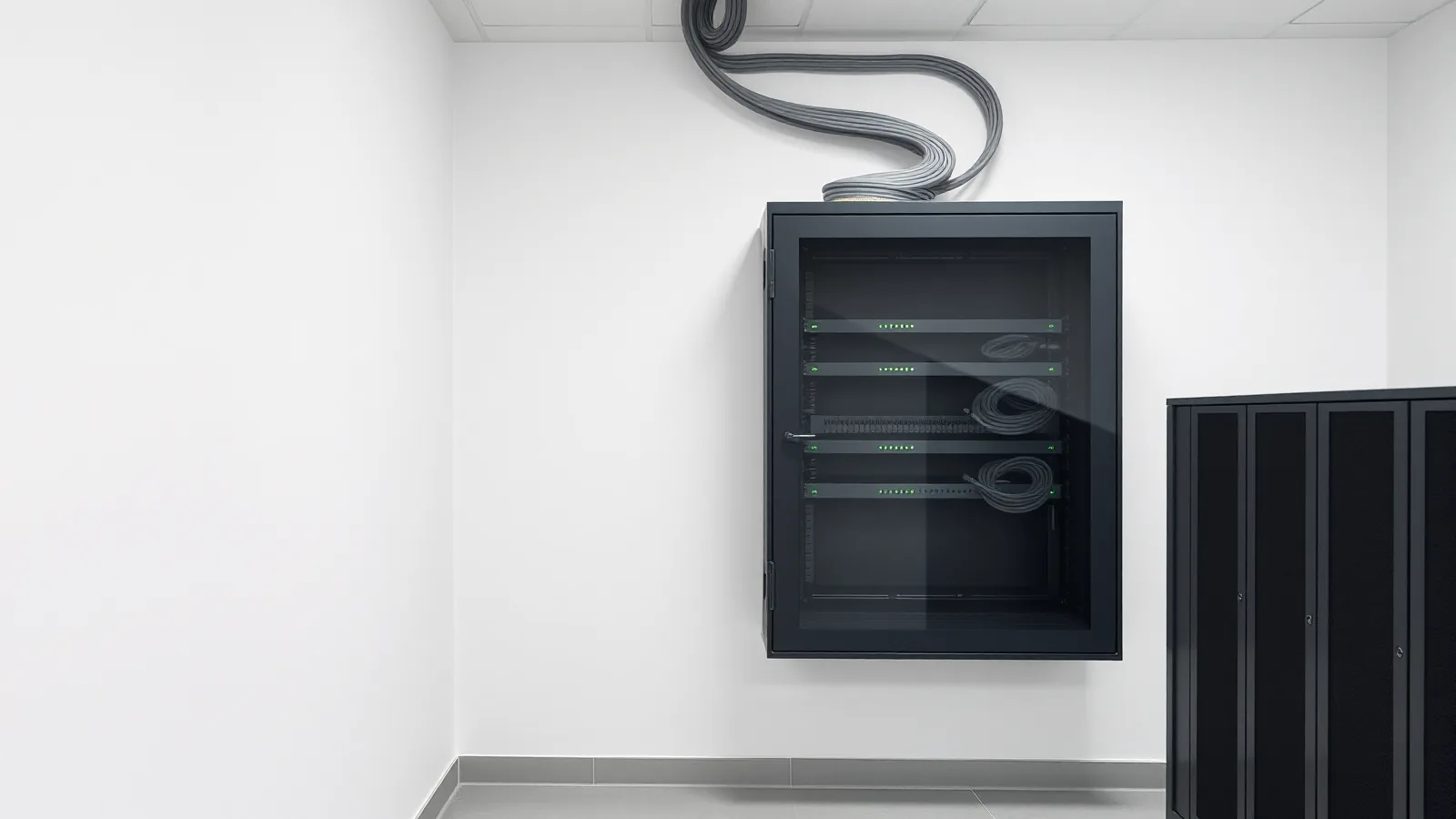 Gesloten wandkast voor netwerkapparatuur met glazen deur en groene lampjes; een kabelbundel komt van het plafond