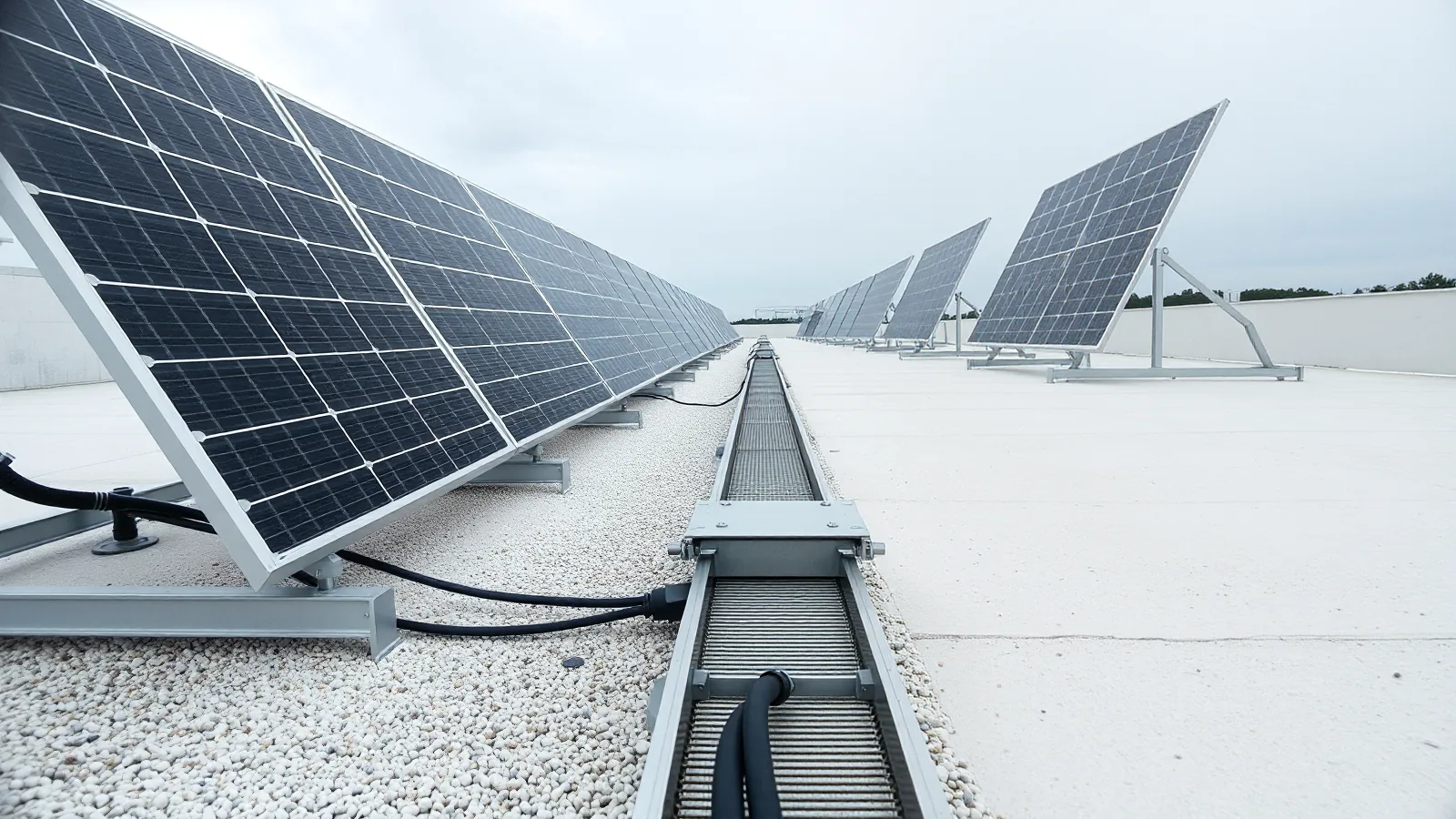 Plat dak met rijen zonnepanelen en een kabelgoot waarin de kabels van de panelen zijn weggewerkt