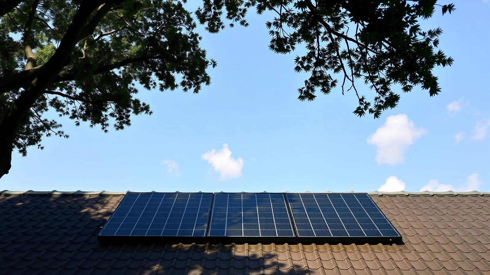 Drie zonnepanelen op een pannendak onder een overhangende boom, met boomschaduw op het dak ernaast