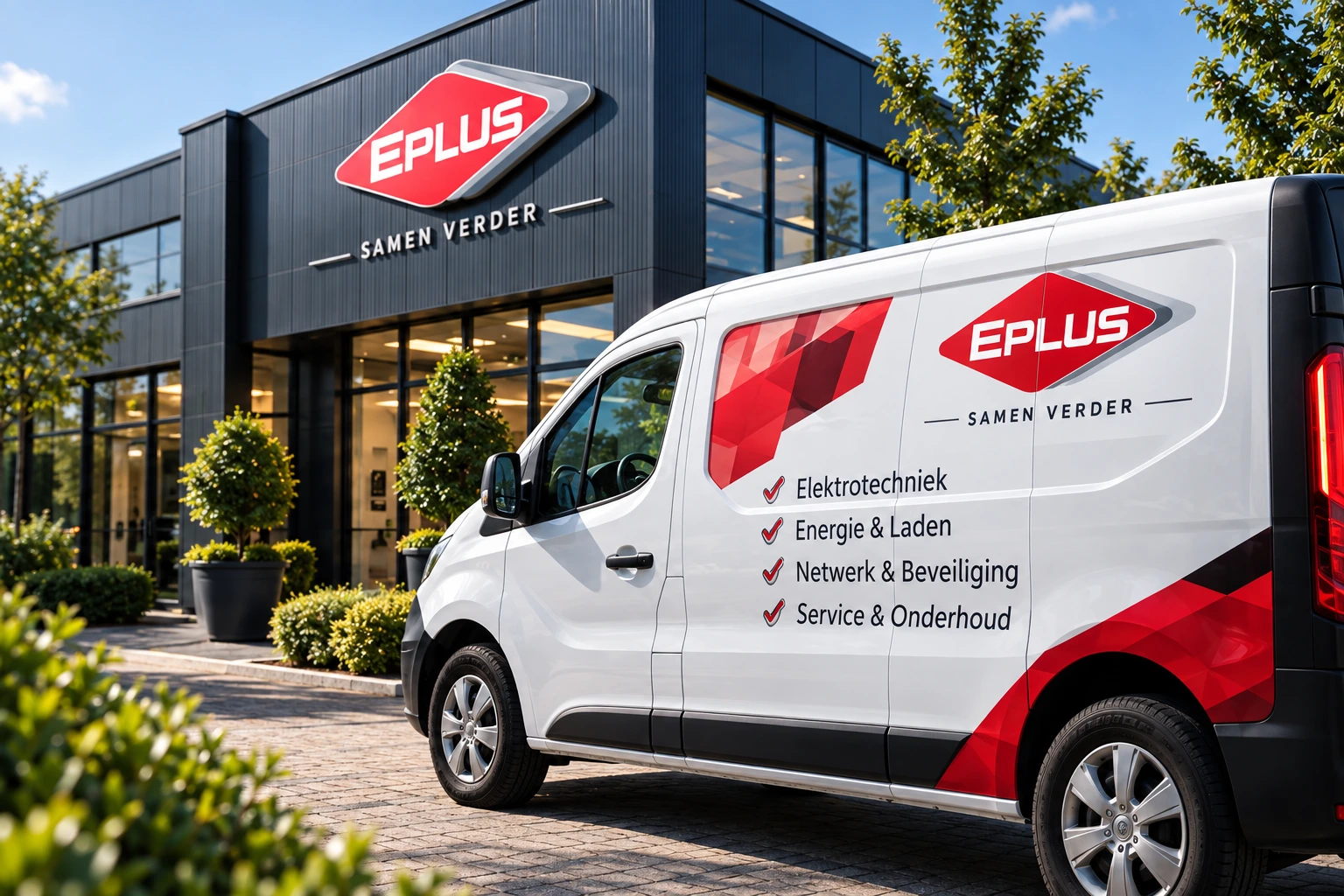 Sfeerbeeld: bedrijfsbus van Eplus Elektro voor elektrotechniek, energie, netwerk en onderhoud